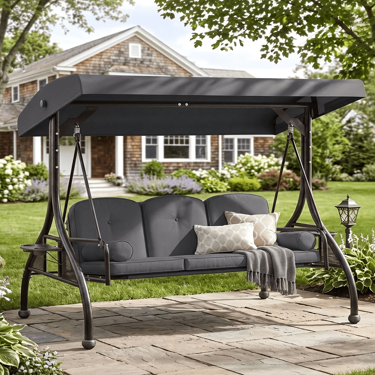 3 Person Patio Porch Swing Outdoor Converting Swing Glider Hammock with Adjustable Canopy, Cushions for Outside Backyard, Garden