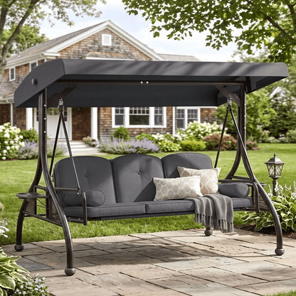 3 Person Patio Porch Swing Outdoor Converting Swing Glider Hammock with Adjustable Canopy, Cushions for Outside Backyard, Garden