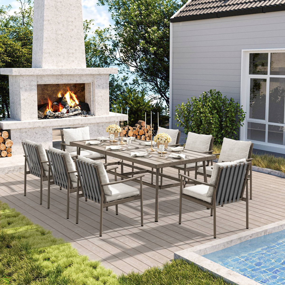 9‑Piece Aluminum Outdoor Dining Set, Square Table with Umbrella Hole & 8 Cushioned Chairs, Weather‑Resistant Patio Furniture for Garden, Porch & Backyard