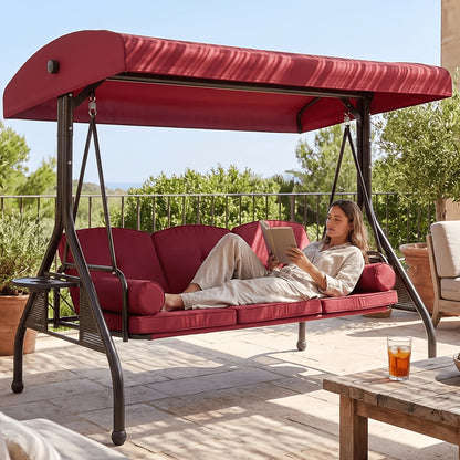 3 Person Patio Porch Swing Outdoor Converting Swing Glider Hammock with Adjustable Canopy, Cushions for Outside Backyard, Garden