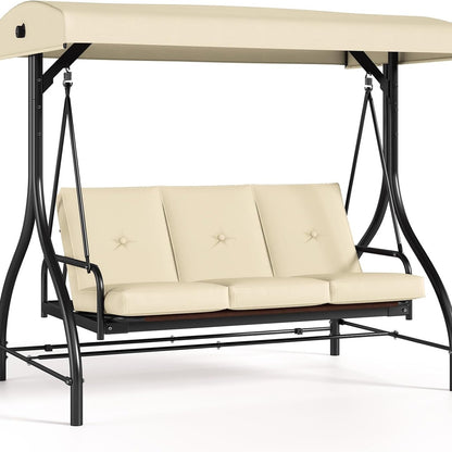 3 Person Patio Porch Swing Outdoor Converting Swing Glider Hammock with Adjustable Canopy, Cushions for Outside Backyard, Garden
