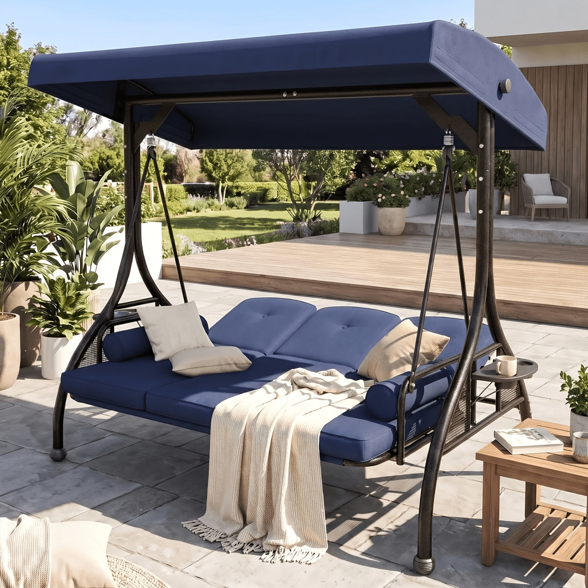 3 Person Patio Porch Swing Outdoor Converting Swing Glider Hammock with Adjustable Canopy, Cushions for Outside Backyard, Garden
