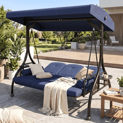 3 Person Patio Porch Swing Outdoor Converting Swing Glider Hammock with Adjustable Canopy, Cushions for Outside Backyard, Garden